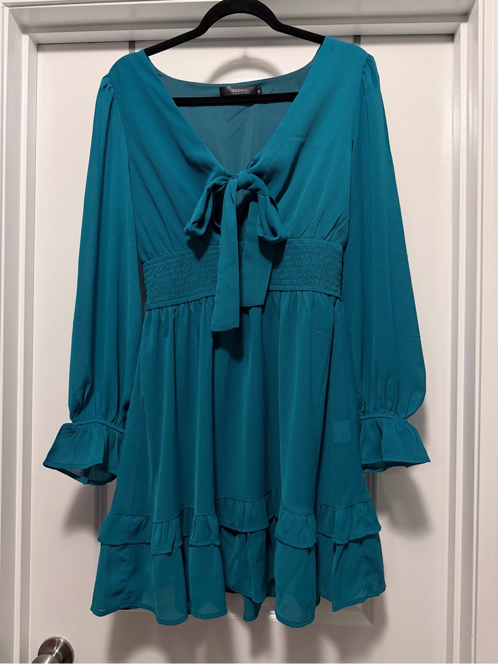 Tie-Front Teal Long-Sleeve Smocked-Waist Dress